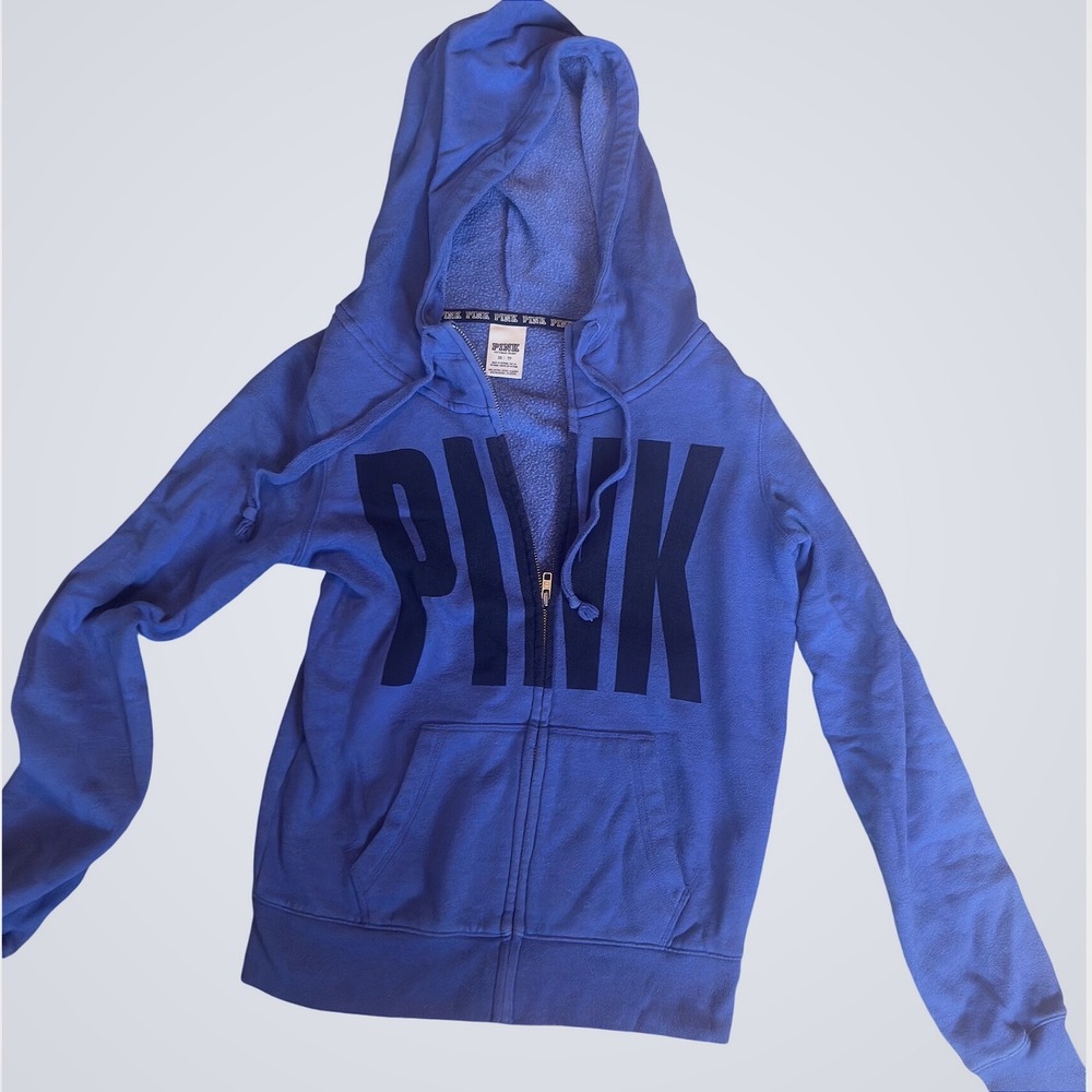 Pink Victoria's Secret Full‎ Zip Hoodie Blue Logo Sweatshirt XS